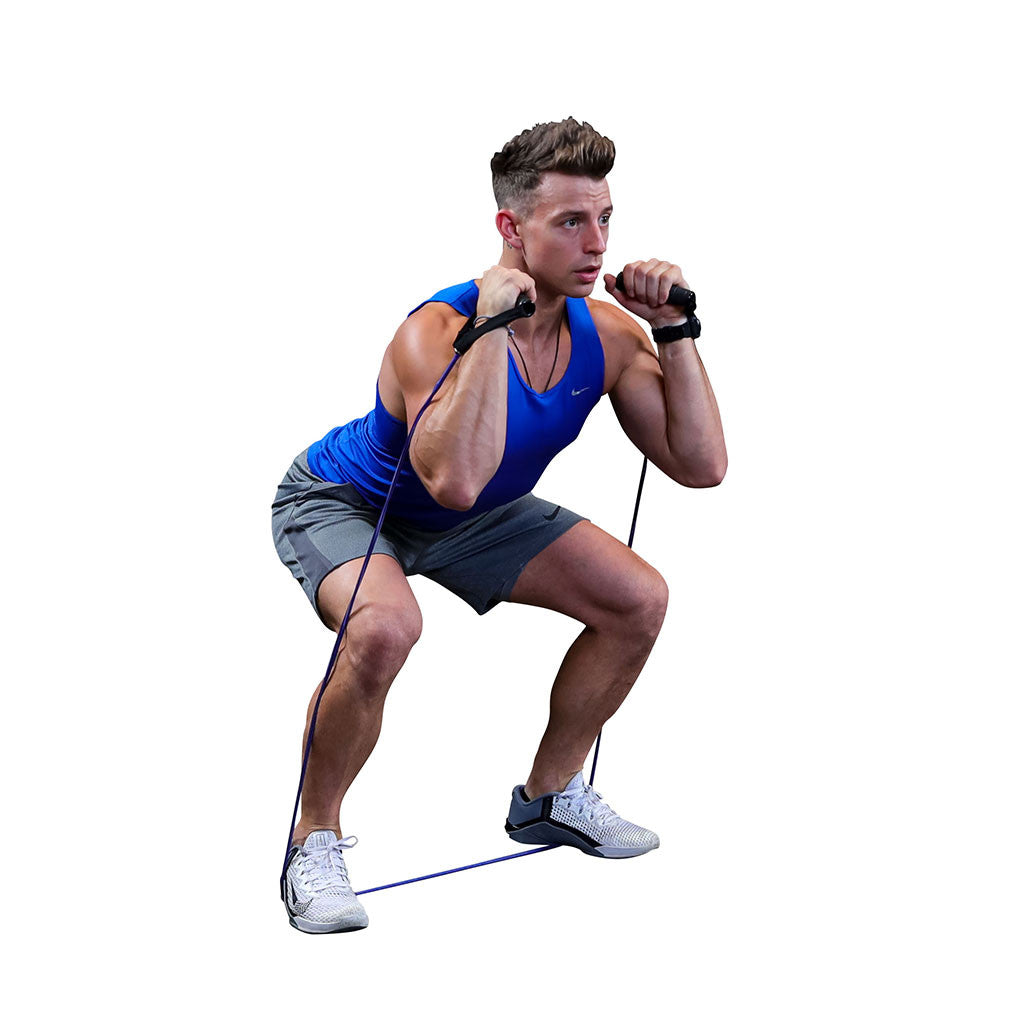 Man performing a squat exercise while holding a Body-Solid resistance tube