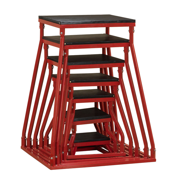 Stacked Body-Solid steel frame plyo boxes with non-slip platforms in multiple heights.