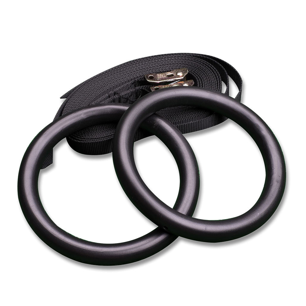 Body-Solid tubular steel gymnastics rings with adjustable nylon straps.