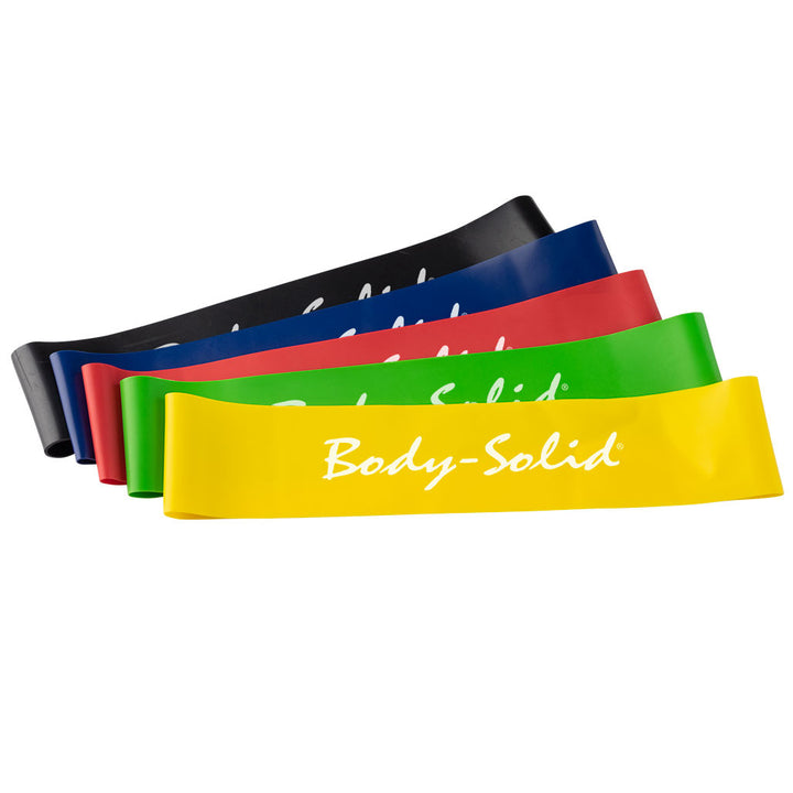 Body-Solid Tools mini resistance bands in five color-coded resistance levels.