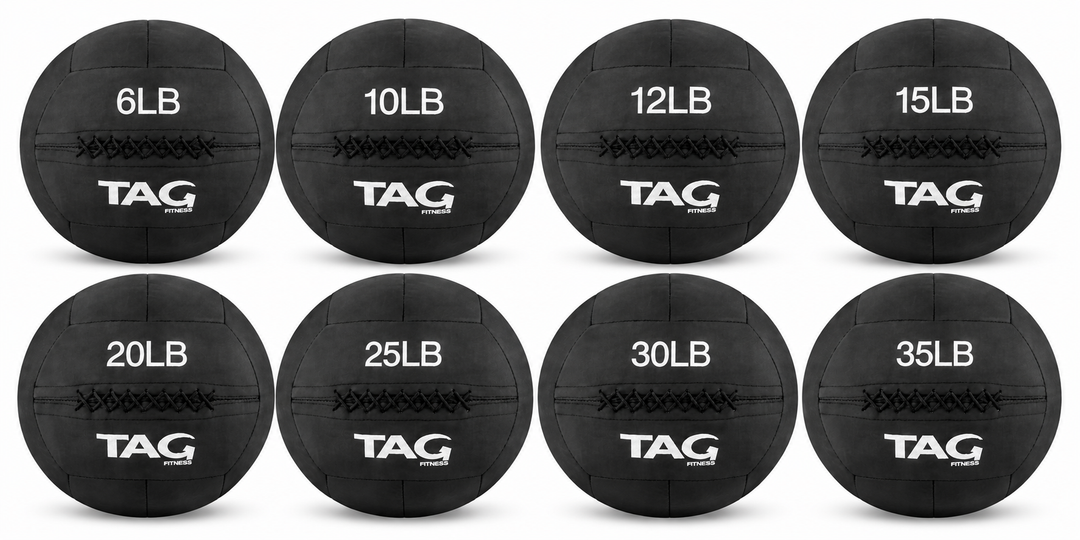 Package of black BulletProof medicine balls in multiple weights for strength training