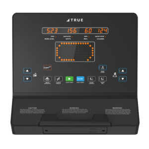 TRUE Performance Series elliptical console showing workout metrics, program controls, and display screen