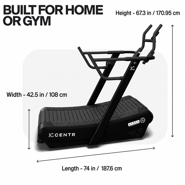 Dimension diagram of the CENTR curved treadmill showing length, width, and height for home and commercial gym installation.