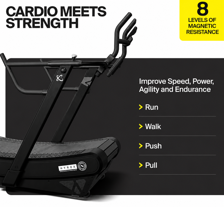 CENTR manual curved treadmill with 8 levels of magnetic resistance designed for running, walking, pushing, and pulling workouts.