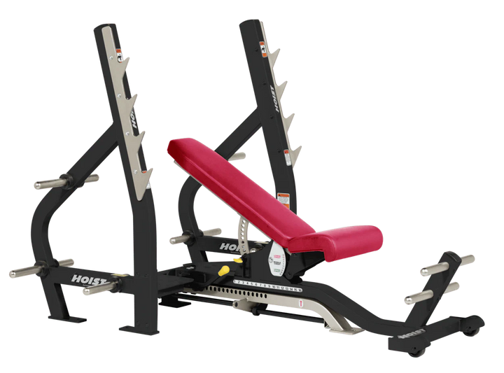 American beauty HOIST 3-way Olympic bench with adjustable incline decline back pad and barbell rack supports for commercial gym use