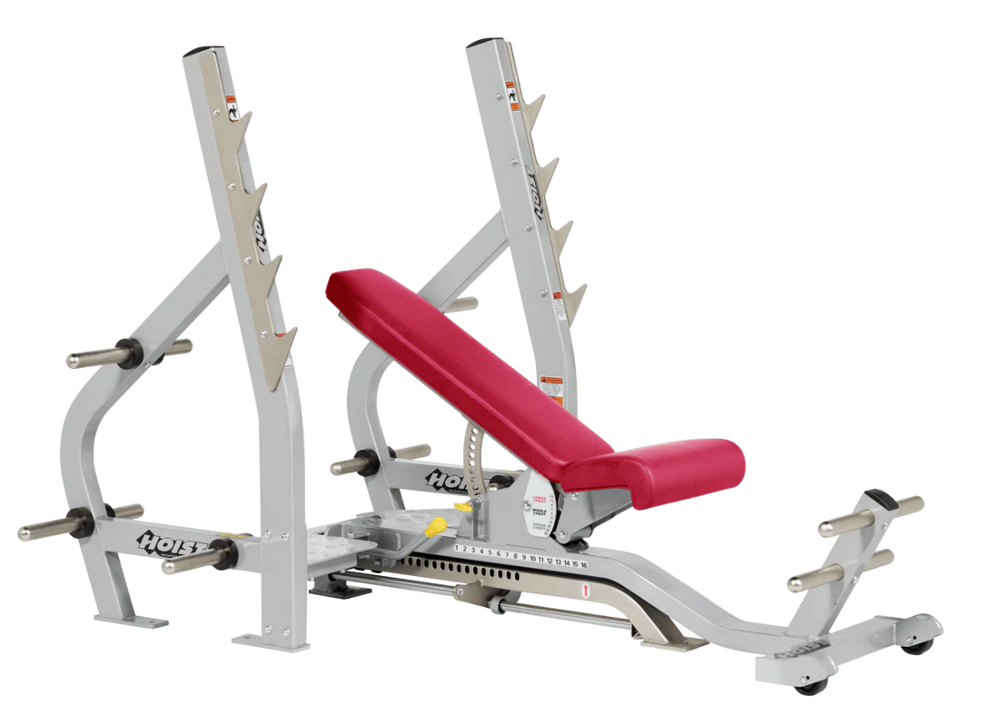 American Beauty Platinum HOIST 3-way Olympic bench with adjustable incline decline back pad and barbell rack supports for commercial gym use