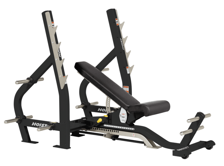 matte black HOIST 3-way Olympic bench with adjustable incline decline back pad and barbell rack supports for commercial gym use