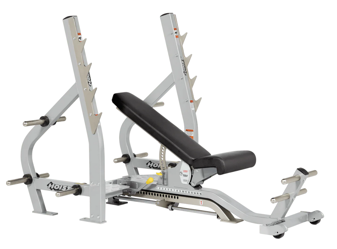 Black Platinum HOIST 3-way Olympic bench with adjustable incline decline back pad and barbell rack supports for commercial gym use