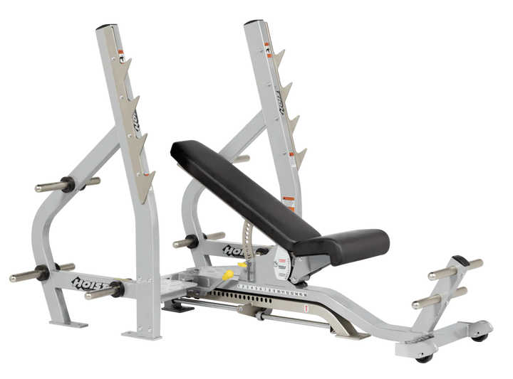Black Platinum HOIST 3-way Olympic bench with adjustable incline decline back pad and barbell rack supports for commercial gym use