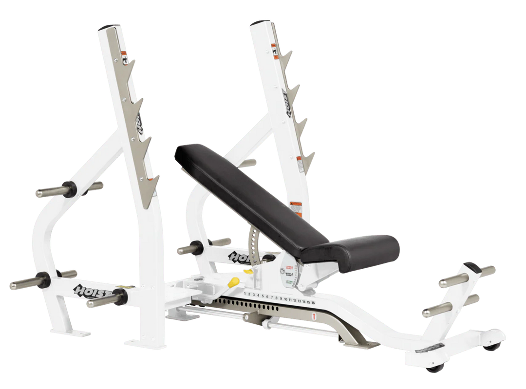 Black White HOIST 3-way Olympic bench with adjustable incline decline back pad and barbell rack supports for commercial gym use