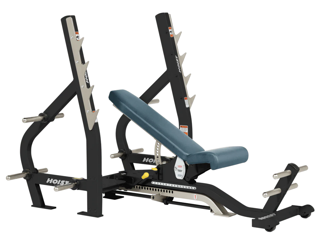 Blue Ridge HOIST 3-way Olympic bench with adjustable incline decline back pad and barbell rack supports for commercial gym use