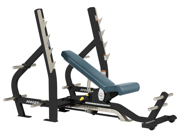 Blue Ridge HOIST 3-way Olympic bench with adjustable incline decline back pad and barbell rack supports for commercial gym use