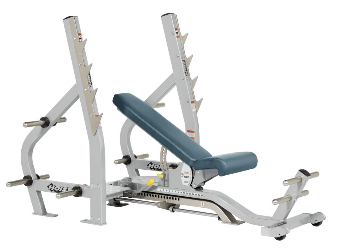 Blue Ridge Platinum HOIST 3-way Olympic bench with adjustable incline decline back pad and barbell rack supports for commercial gym use