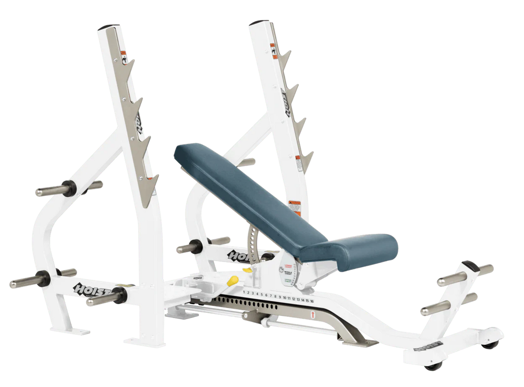 Blue ridge White HOIST 3-way Olympic bench with adjustable incline decline back pad and barbell rack supports for commercial gym use