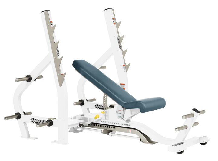 Blue ridge White HOIST 3-way Olympic bench with adjustable incline decline back pad and barbell rack supports for commercial gym use