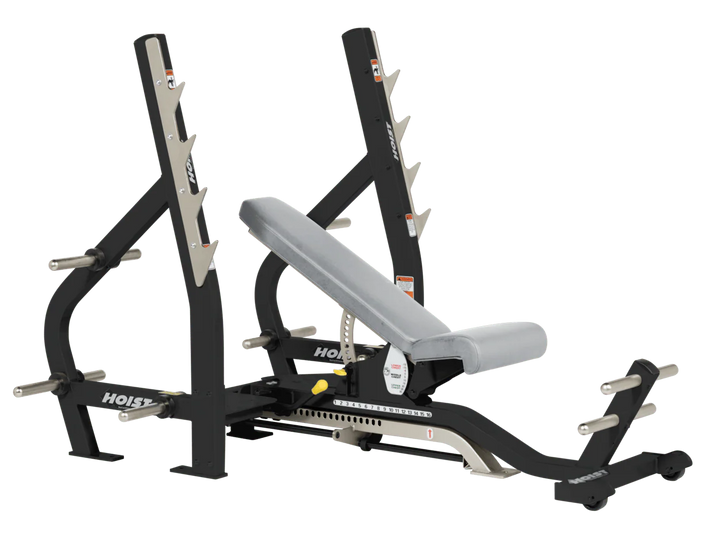 Dove Gray HOIST 3-way Olympic bench with adjustable incline decline back pad and barbell rack supports for commercial gym use