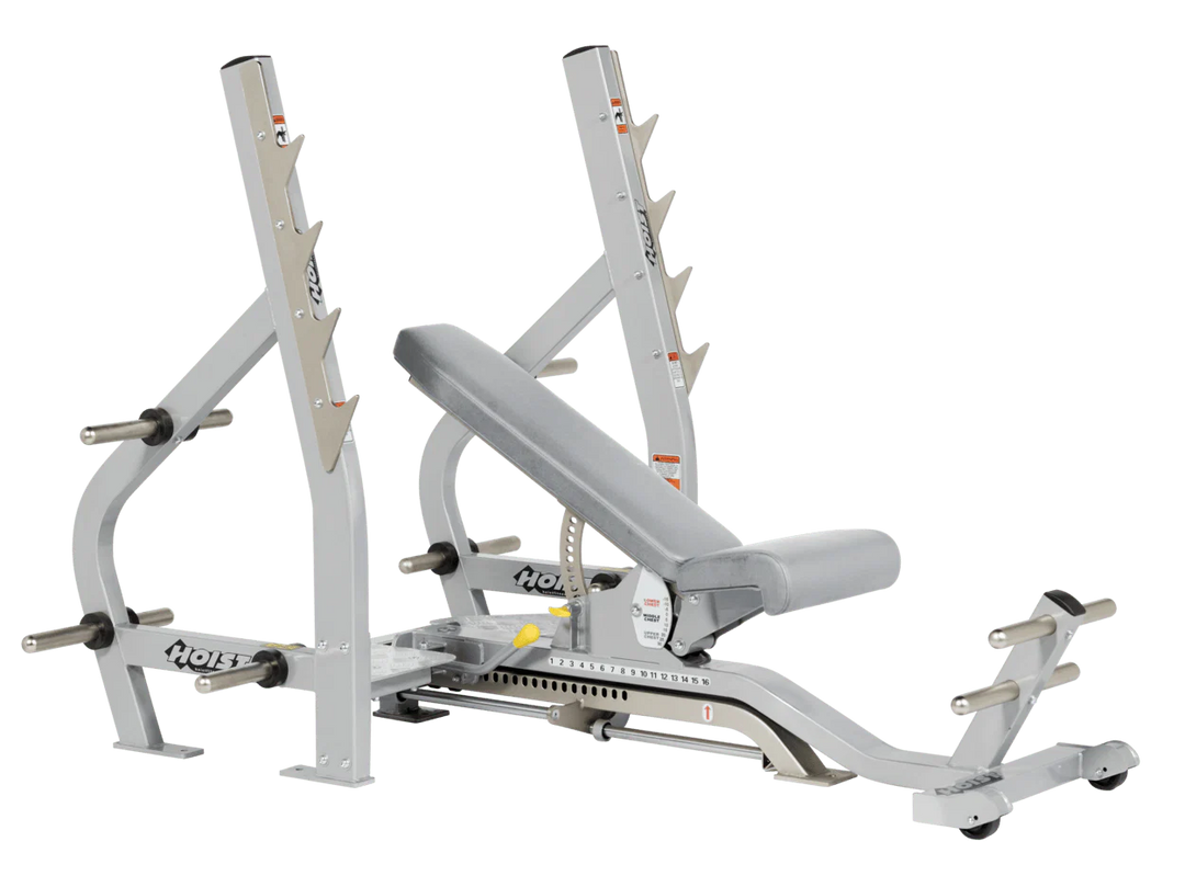 Dove Grey Platinum HOIST 3-way Olympic bench with adjustable incline decline back pad and barbell rack supports for commercial gym use