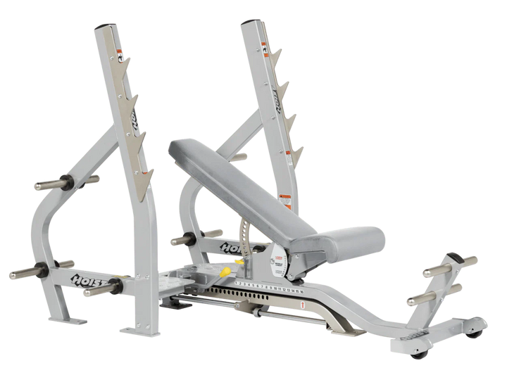 Dove Grey Platinum HOIST 3-way Olympic bench with adjustable incline decline back pad and barbell rack supports for commercial gym use