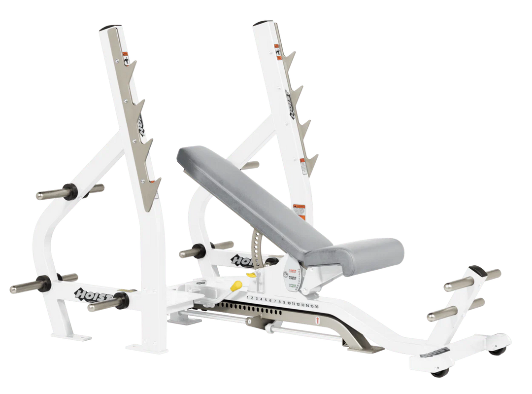Dove Grey White HOIST 3-way Olympic bench with adjustable incline decline back pad and barbell rack supports for commercial gym use