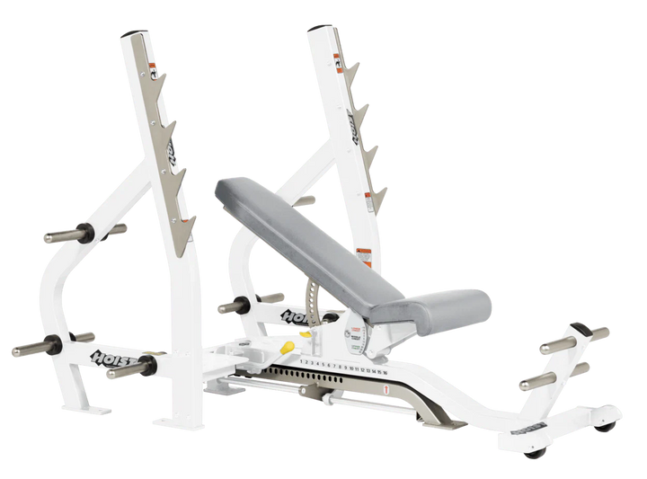Dove Grey White HOIST 3-way Olympic bench with adjustable incline decline back pad and barbell rack supports for commercial gym use