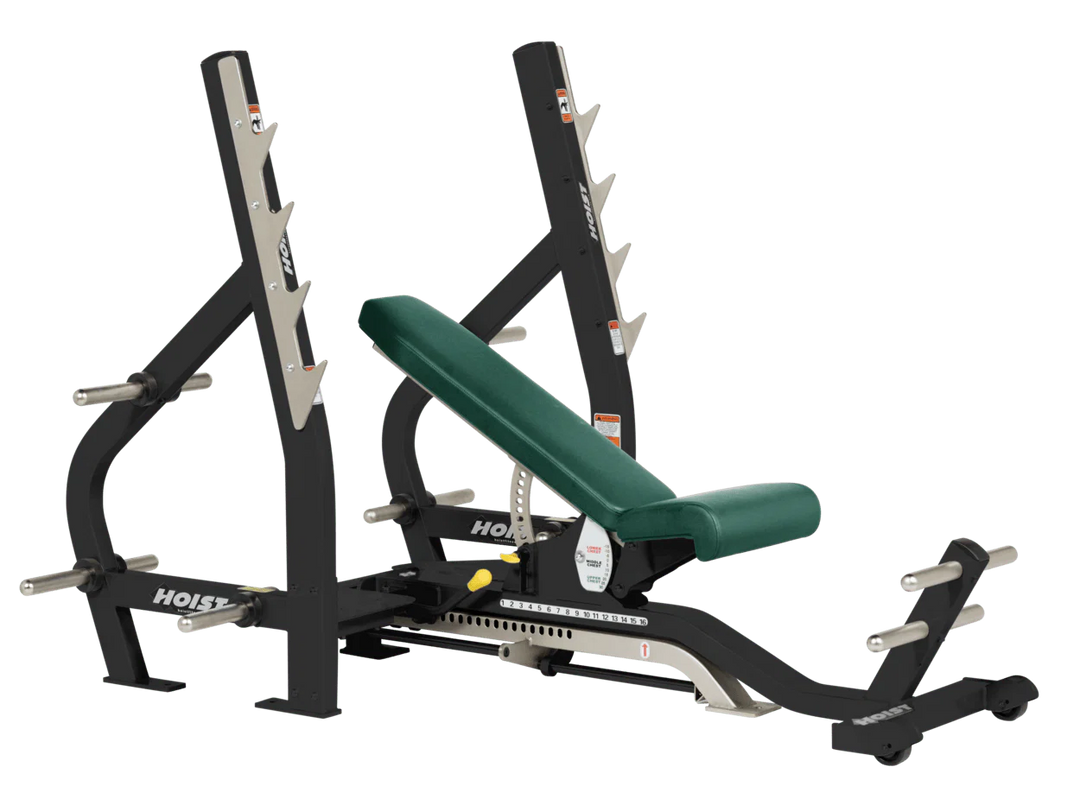 Hunter Green HOIST 3-way Olympic bench with adjustable incline decline back pad and barbell rack supports for commercial gym use