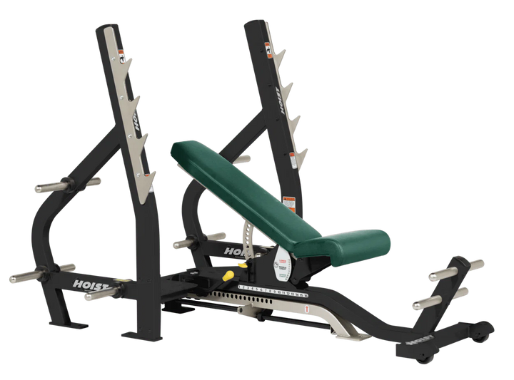 Hunter Green HOIST 3-way Olympic bench with adjustable incline decline back pad and barbell rack supports for commercial gym use