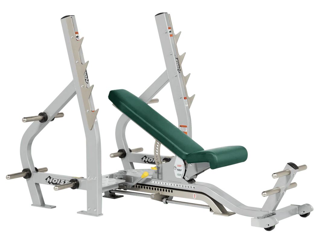Hunter Green Platinum HOIST 3-way Olympic bench with adjustable incline decline back pad and barbell rack supports for commercial gym use