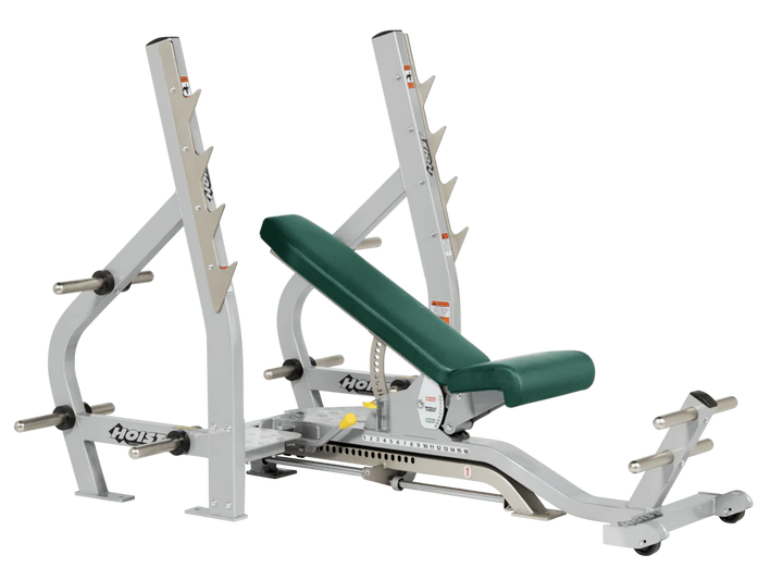 Hunter Green Platinum HOIST 3-way Olympic bench with adjustable incline decline back pad and barbell rack supports for commercial gym use