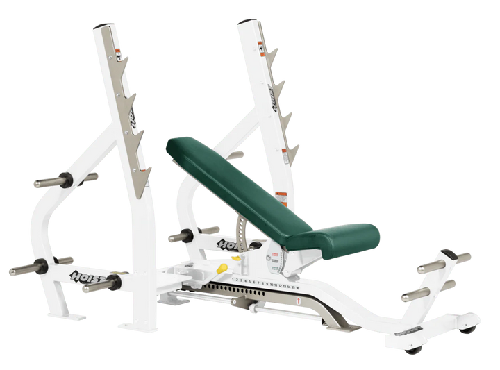 Hunter Green White HOIST 3-way Olympic bench with adjustable incline decline back pad and barbell rack supports for commercial gym use