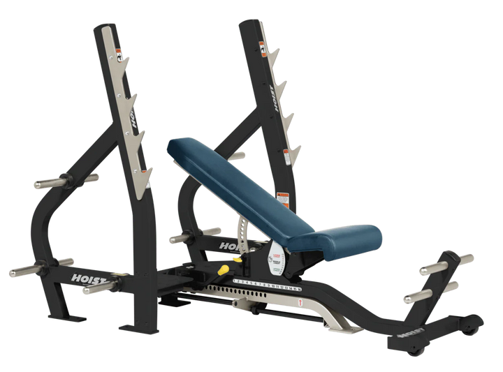 Navy Blue HOIST 3-way Olympic bench with adjustable incline decline back pad and barbell rack supports for commercial gym use