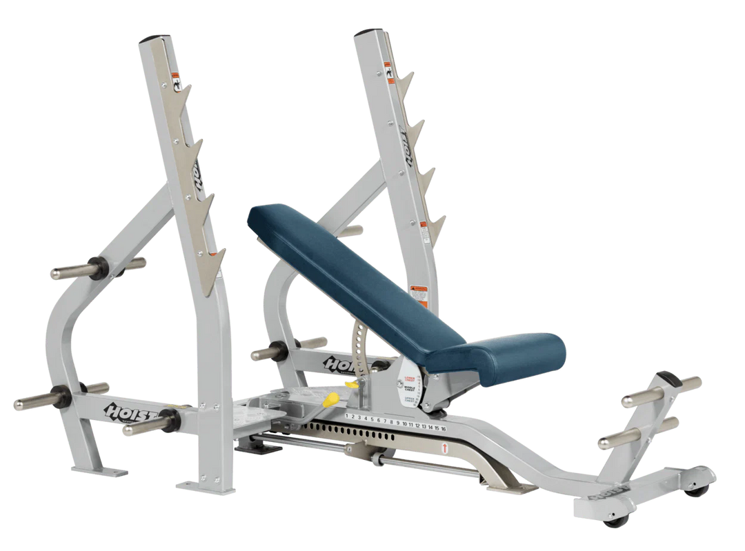 Navy Blue Platinum HOIST 3-way Olympic bench with adjustable incline decline back pad and barbell rack supports for commercial gym use