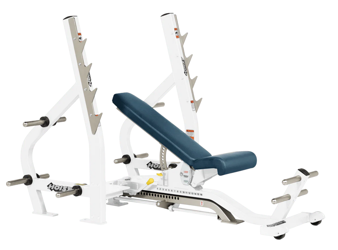 Navy Blue White HOIST 3-way Olympic bench with adjustable incline decline back pad and barbell rack supports for commercial gym use