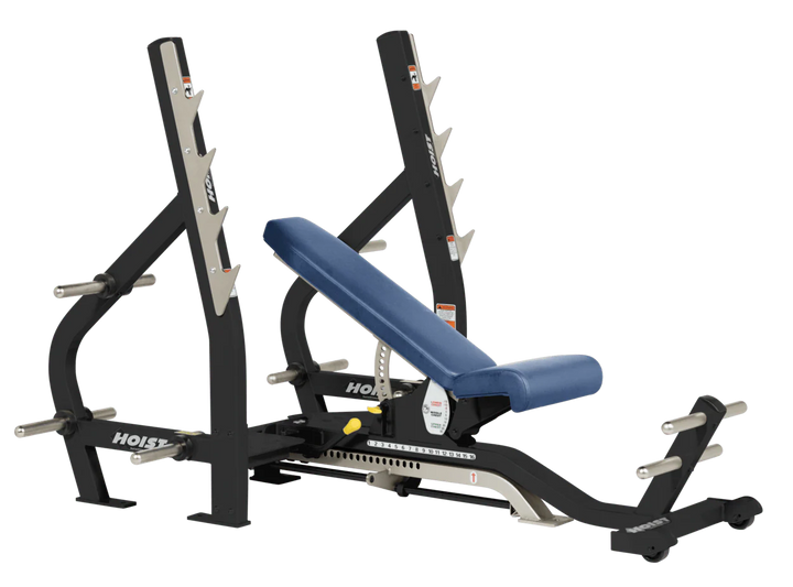 Royal Blue HOIST 3-way Olympic bench with adjustable incline decline back pad and barbell rack supports for commercial gym use