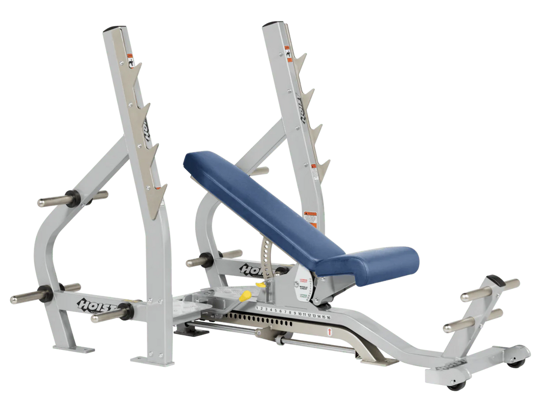 Royal Blue Platinum HOIST 3-way Olympic bench with adjustable incline decline back pad and barbell rack supports for commercial gym use