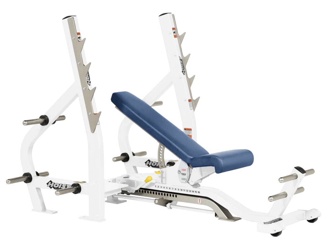 Royal Blue White HOIST 3-way Olympic bench with adjustable incline decline back pad and barbell rack supports for commercial gym use