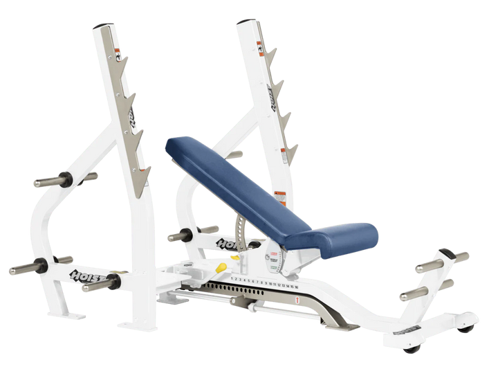 Royal Blue White HOIST 3-way Olympic bench with adjustable incline decline back pad and barbell rack supports for commercial gym use