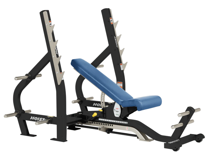 Sky Blue HOIST 3-way Olympic bench with adjustable incline decline back pad and barbell rack supports for commercial gym use
