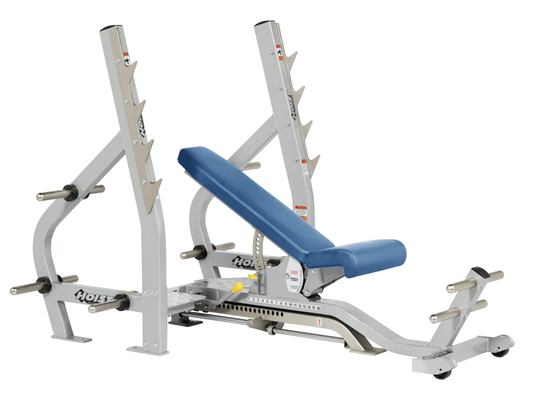 Sky Blue Platinum HOIST 3-way Olympic bench with adjustable incline decline back pad and barbell rack supports for commercial gym use