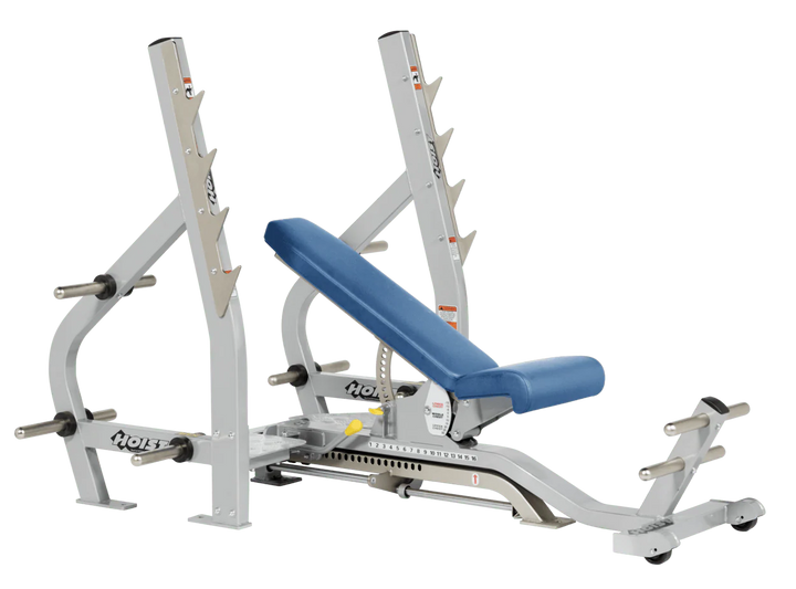 Sky Blue Platinum HOIST 3-way Olympic bench with adjustable incline decline back pad and barbell rack supports for commercial gym use