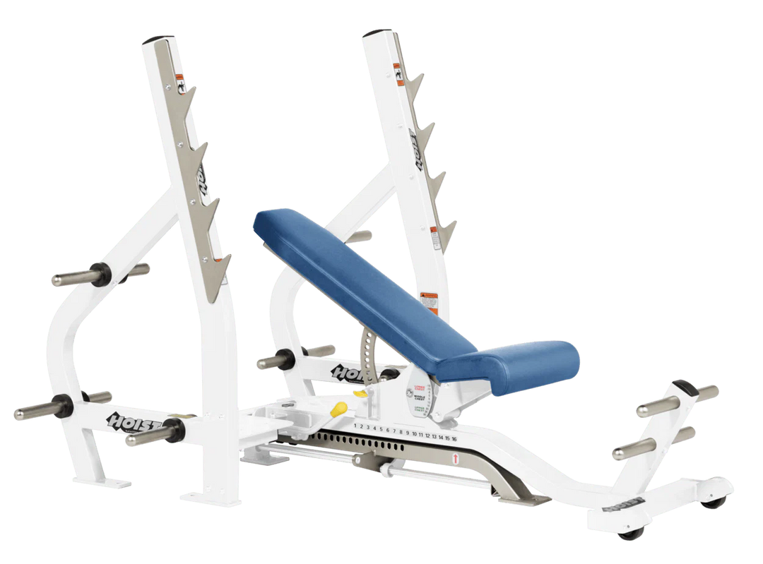 Sky Blue White HOIST 3-way Olympic bench with adjustable incline decline back pad and barbell rack supports for commercial gym use