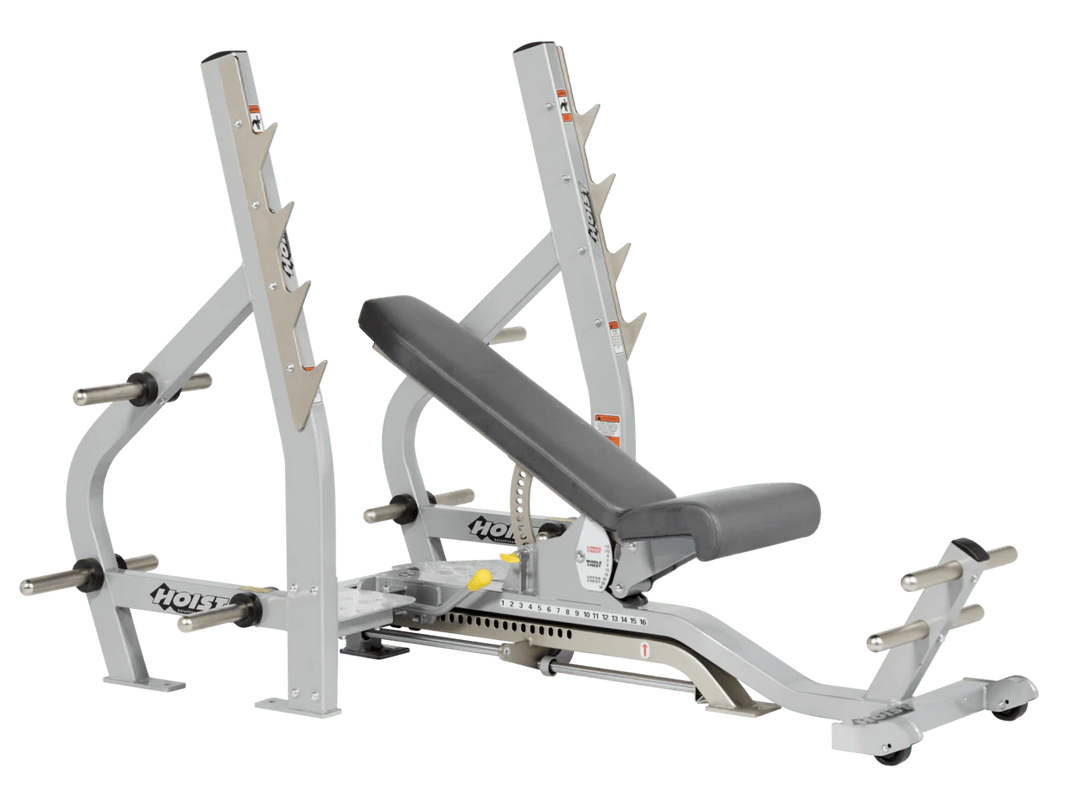 Slate Grey Platinum HOIST 3-way Olympic bench with adjustable incline decline back pad and barbell rack supports for commercial gym use
