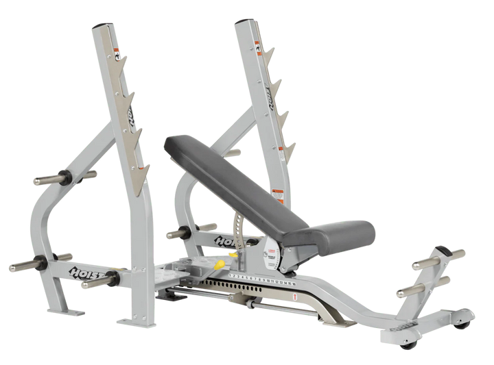 Slate Grey Platinum HOIST 3-way Olympic bench with adjustable incline decline back pad and barbell rack supports for commercial gym use