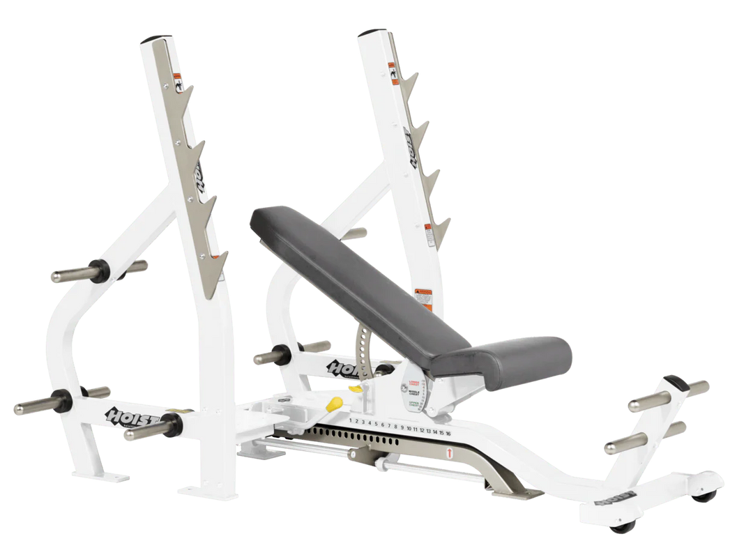 Slate Grey White HOIST 3-way Olympic bench with adjustable incline decline back pad and barbell rack supports for commercial gym use