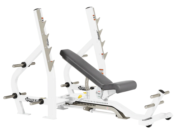 Slate Grey White HOIST 3-way Olympic bench with adjustable incline decline back pad and barbell rack supports for commercial gym use