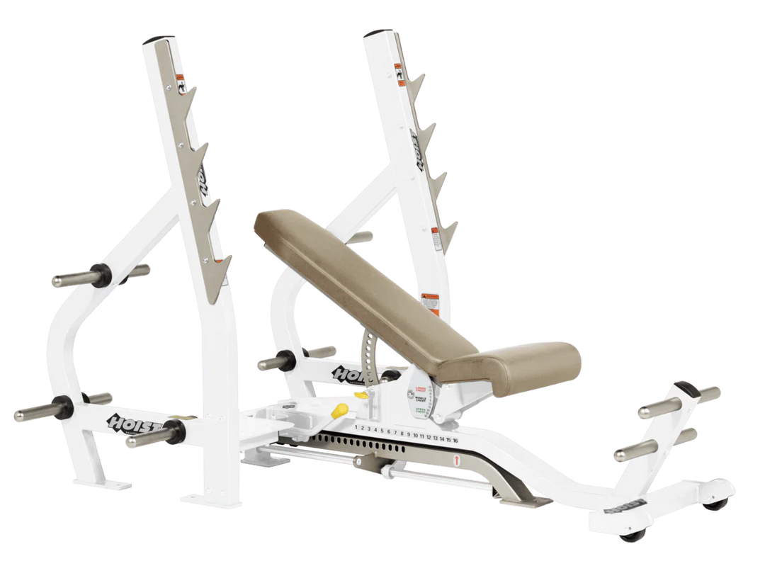 Suede White HOIST 3-way Olympic bench with adjustable incline decline back pad and barbell rack supports for commercial gym use