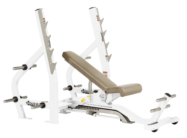 Suede White HOIST 3-way Olympic bench with adjustable incline decline back pad and barbell rack supports for commercial gym use
