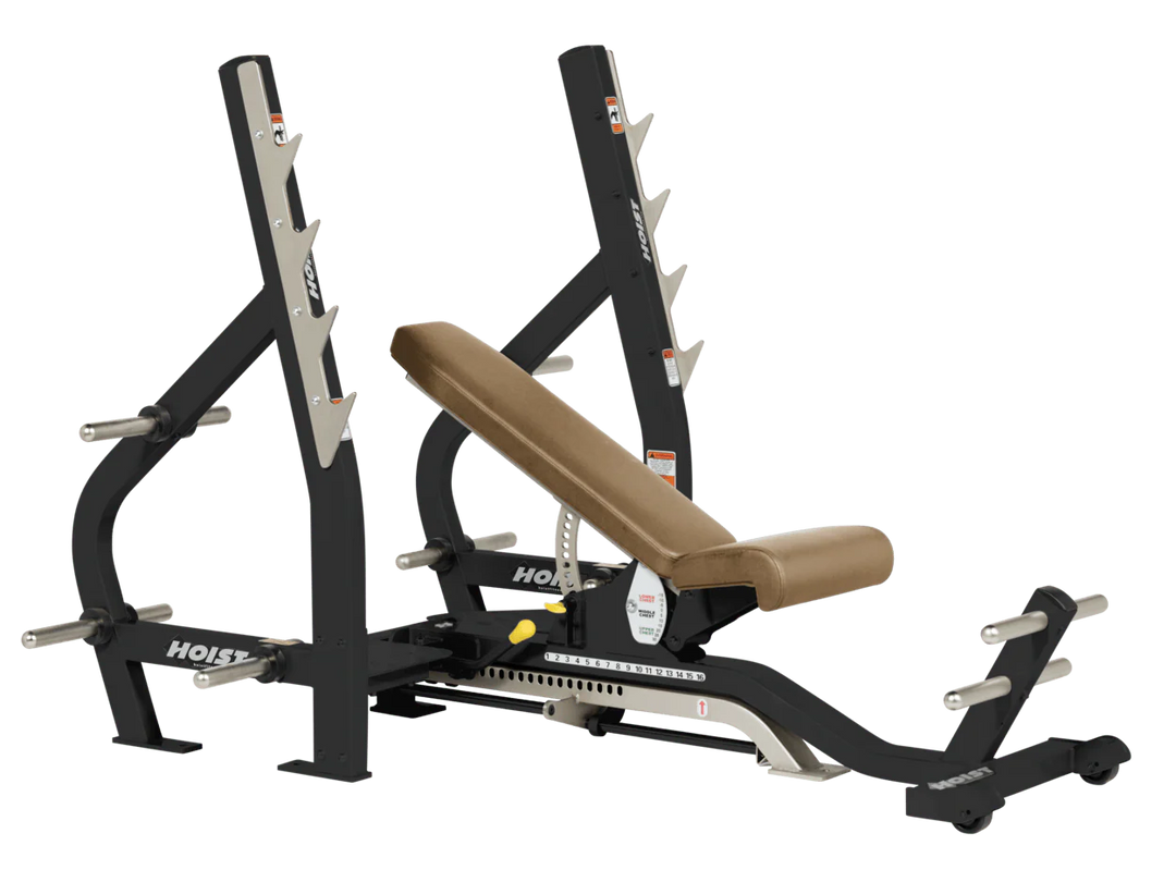 Whey HOIST 3-way Olympic bench with adjustable incline decline back pad and barbell rack supports for commercial gym use