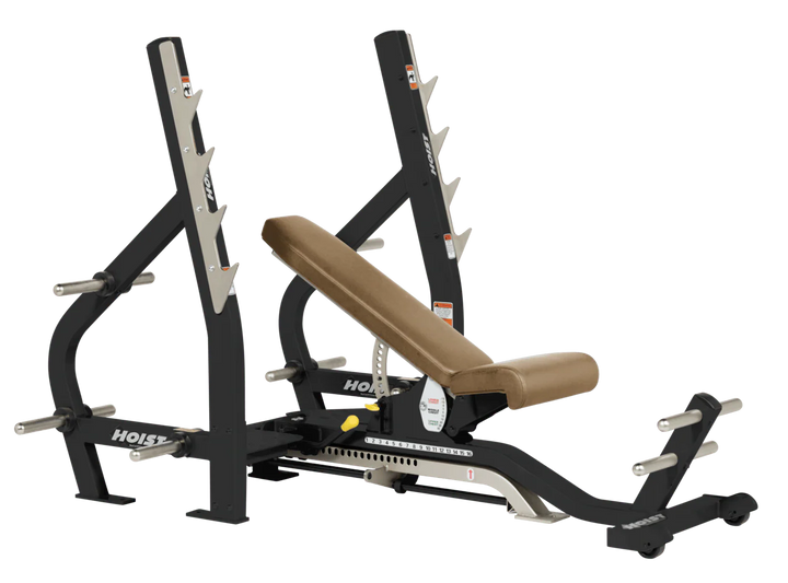 Whey HOIST 3-way Olympic bench with adjustable incline decline back pad and barbell rack supports for commercial gym use