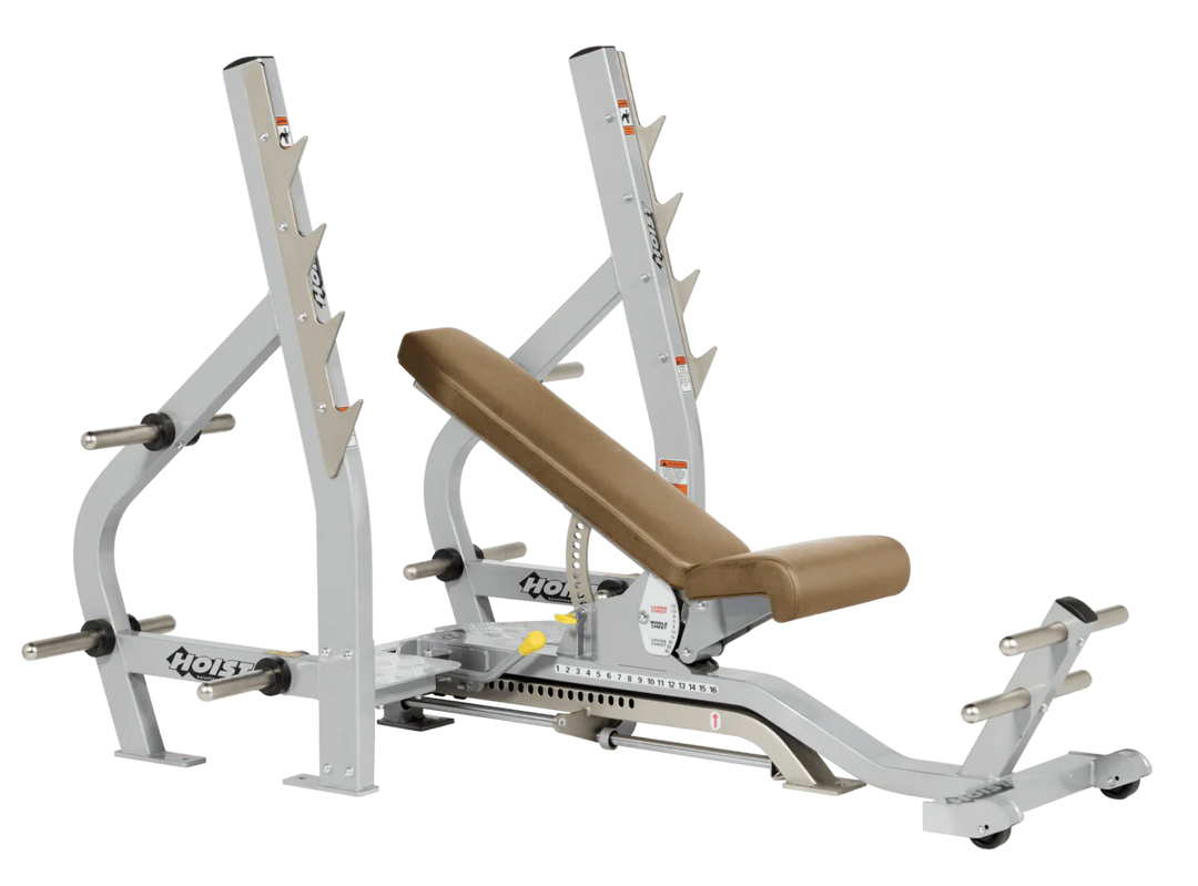 Wheat Platinum HOIST 3-way Olympic bench with adjustable incline decline back pad and barbell rack supports for commercial gym use
