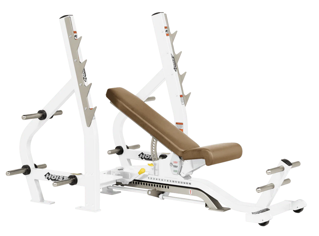 Wheat White HOIST 3-way Olympic bench with adjustable incline decline back pad and barbell rack supports for commercial gym use